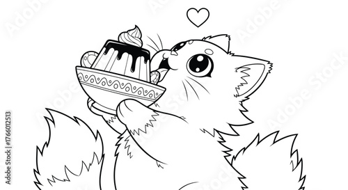 Vector art of cute cartoon cat happily eating a delicious dessert with a heart symbol above its head