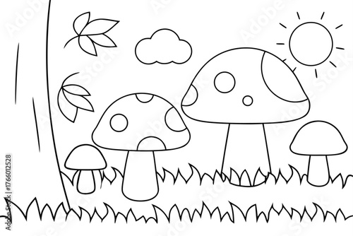 Simple Outline Mushrooms and Tree Trunk with Sun and Clouds for Coloring Keywords: outline, drawing, illustration, mushrooms, toadstools, nature