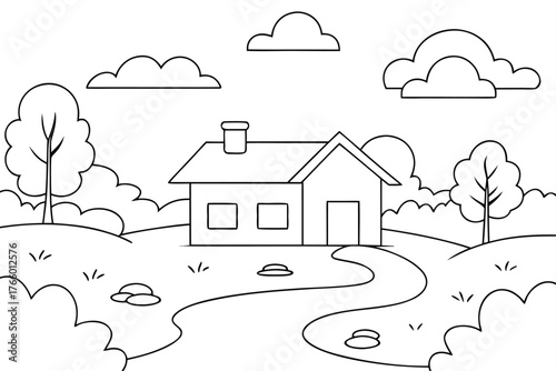 Simple Outline Drawing of a House in a Landscape with Trees and Clouds for Coloring home coloring page