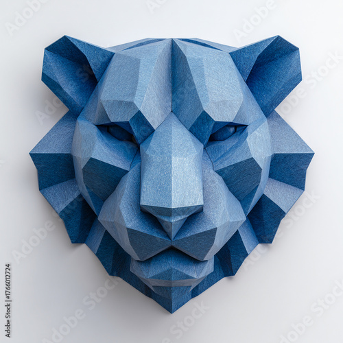 Blue Origami Tiger Head Realistic Paper Art Animal Face Isolated Minimal Design Creative Handmade Craft