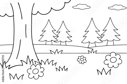 Whimsical Forest Scene Coloring Page Outline Keywords: forest, trees, nature, landscape, grass, flowers, clouds, outline, line art, drawing