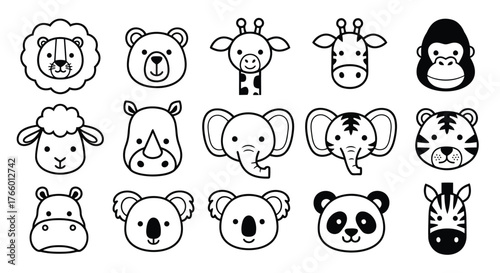 Vector art of a set of cute, simple cartoon animal faces, including a lion, bear, giraffe, elephant, and monkey, on a