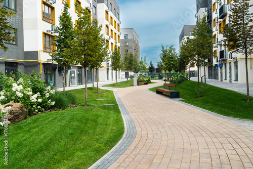 Cuadro en lienzo A curving paved path through the green lawn and young trees of a well-landscaped
