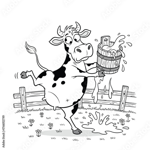 Vector art of funny cartoon cow spilling milk from a bucket while dancing on a farm with a wooden fence and flowers
