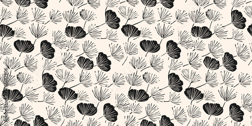 Stylish vector floral seamless pattern. Elegant minimalist black and white background texture with flower silhouettes, twigs, leaves. Simple abstract monochrome botanical print. Repeated geo design