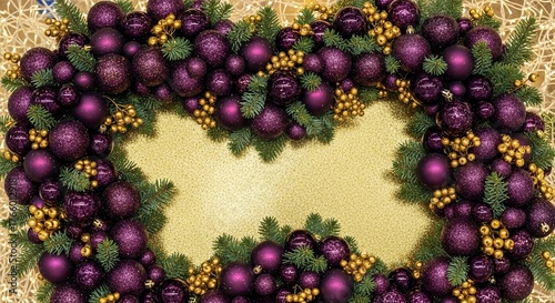 An exquisite wreath artfully composed of purple baubles, pine needles, and golden accents, forming an elegant holiday decoration.