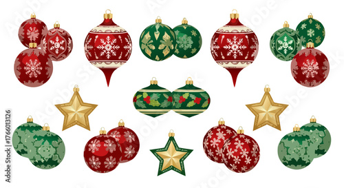Festive holiday ornaments in red and green with gold star accents, perfect for Christmas decorations and winter celebration themes