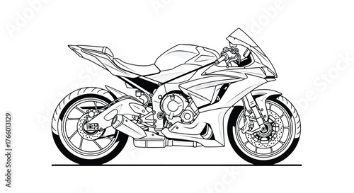 Vector art of detailed outline drawing of a modern sport motorcycle, showcasing its sleek design and aerodynamic features