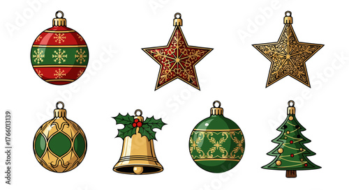 Collection of festive Christmas ornaments including baubles, bells, and stars in red and gold, perfect for holiday decorations