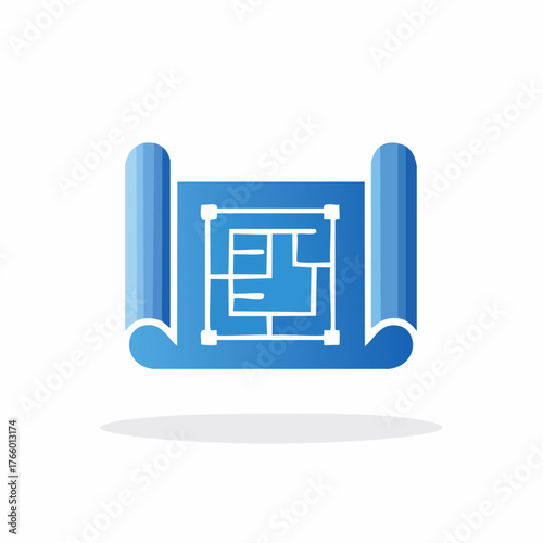 Abstract architectural blueprint concept illustration with rolled edges and details