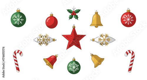 A Collection of Festive Christmas Ornaments and Decorations for the Holiday Season Including Bells, Stars, Candy Canes, and Baubles