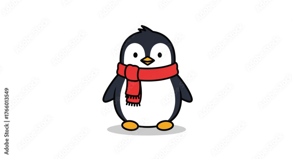 Obraz premium Cute cartoon penguin wearing a red scarf standing on a white background image