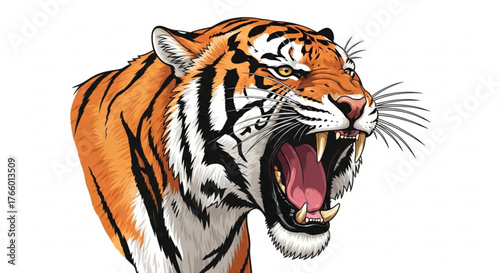 Ferocious tiger roaring with sharp teeth and intense eyes on a white background