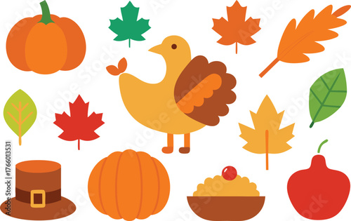 Vector thanksgiving day icons collection turkey pumpkin autumn leaves festive illustration
