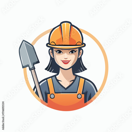 Cheerful construction worker cartoon emblem representing female empowerment in labor