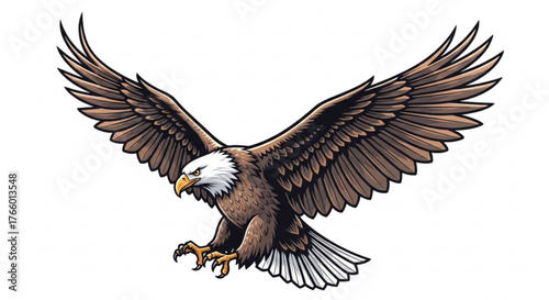 Majestic bald eagle soaring with outstretched wings against a white background