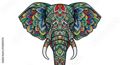 Ornate elephant head with colorful mandala patterns on a clean white background