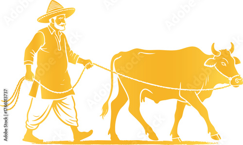 Golden Farmer with Cow Silhouette — Countryside and Farming Concept
