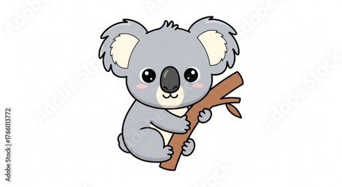 Adorable cartoon koala clinging to a tree branch with a sweet expression