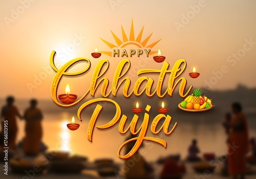 Chhath Puja celebration at sunrise with traditional offerings and rituals by the river