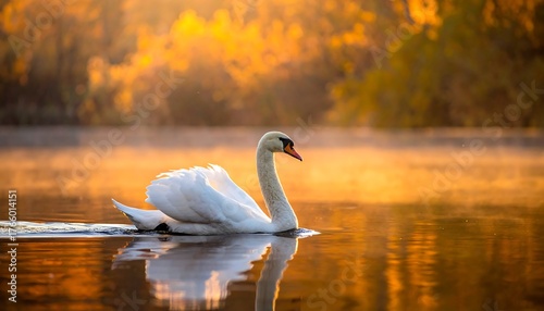 Fototapeta Naklejka Na Ścianę i Meble -  A graceful swan glides across the tranquil surface of a lake at sunrise