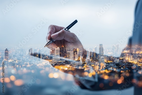 A double exposure image of a businessman holding a pen while writing on a piece of paper, with a cityscape in the background.