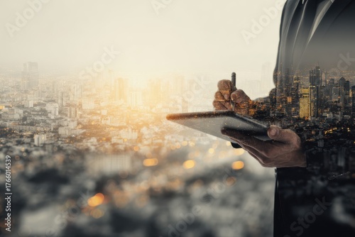 A businessman in a stylish suit holding a tablet, with a double exposure effect showing him also holding a pen and a cityscape in the background.
