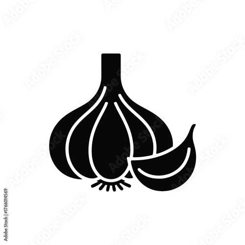 Black Silhouette Icon of Garlic Bulb with One Clove on White Background Keywords: garlic, bulb, clove, ingredient