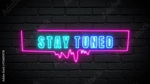 coming soon with vibrant neon stay tuned message on dark brick wall background for marketing campaign