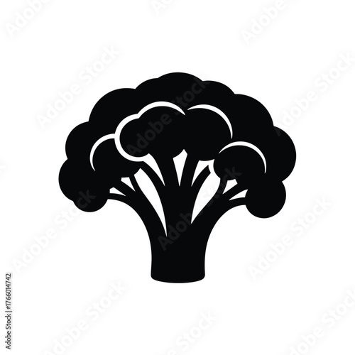 Black silhouette of a broccoli head with detailed florets on a white background vegetable