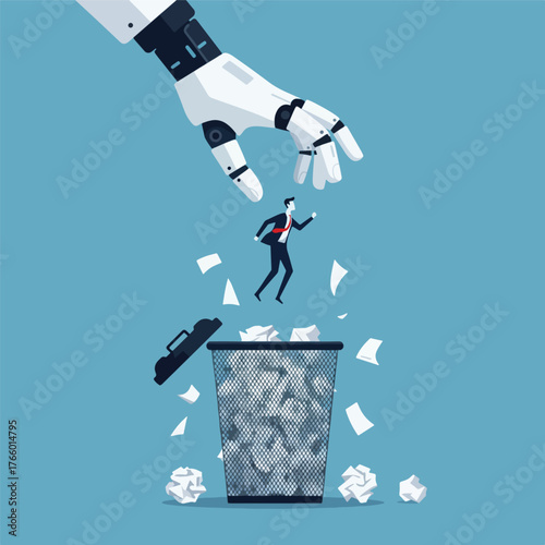Vector art of robot arm throwing a businessman into a trash can
