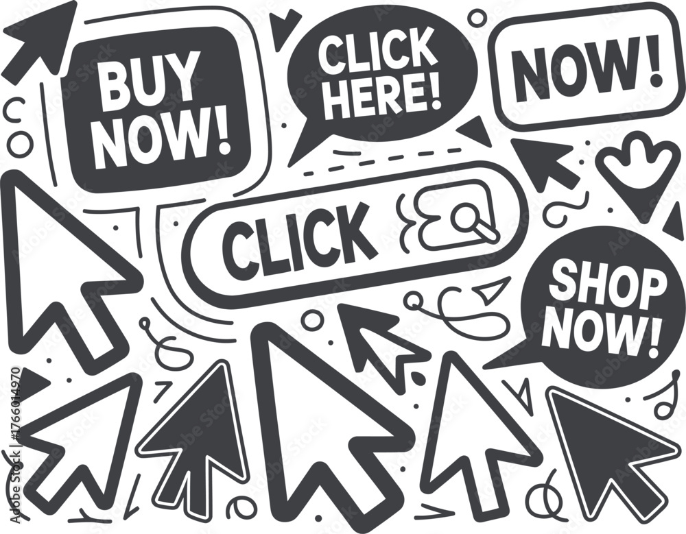 Obraz premium Collection of hand drawn click here buy now and shop now buttons and cursors