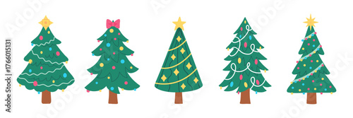 Decorated Christmas trees with unique shapes, stars, ornaments and lights. Festive winter holiday illustration for Christmas and New Year celebration isolated on white background