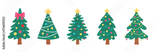 Set of Christmas trees with ornaments, lights, garlands and shining stars for Christmas and New Year celebration. Festive winter decoration isolated on white background