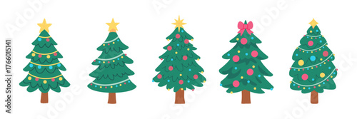 Christmas tree set with festive ornaments, garlands, and glowing lights. Decorative firs and pines for Christmas and New Year celebration. Winter holiday illustration on white background