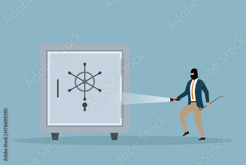 Vector illustration of a masked thief, holding a flashlight and moving towards a large safe vault, symbolizing theft, financial crime, security risk and attempted theft
