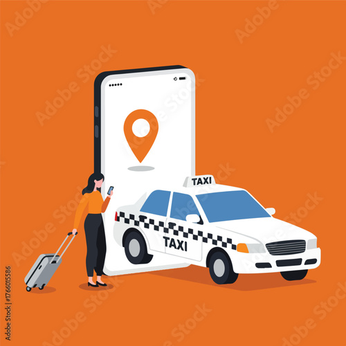 Vector art of taxi app with car and person with luggage