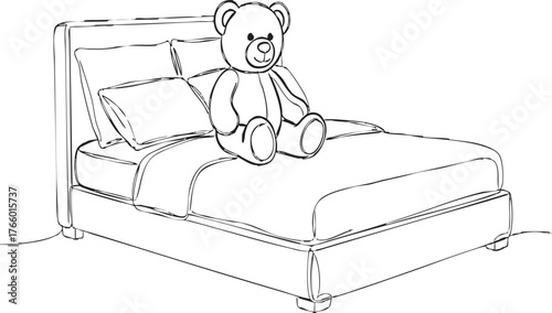 Sweet dreams await with this cuddly teddy bear resting on a cozy bed, perfect for children's decor and playful designs