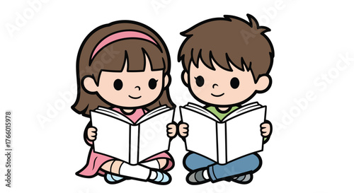 Vector art of two cute cartoon children, a boy and a girl, sitting and reading books together