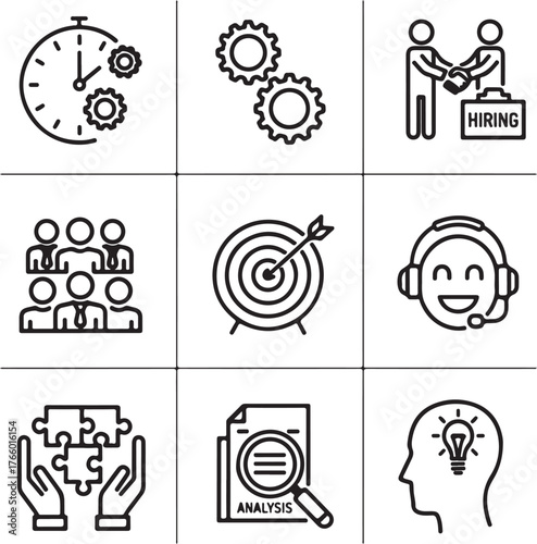 Business icons set for time management teamwork goals and analysis