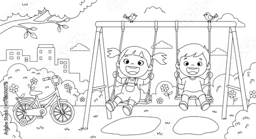 Vector art of happy children swinging on a playground swing set with a bicycle nearby, in a park setting with trees and buildings in the background, line art illustration