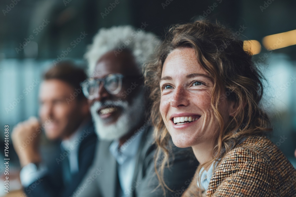Obraz premium Diverse business professionals smiling during corporate meeting