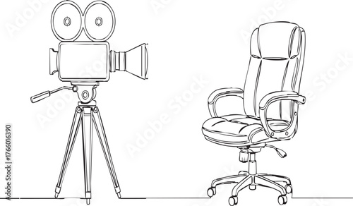 Vintage film camera ready to capture talent seated in comfortable chair for auditions or screen tests