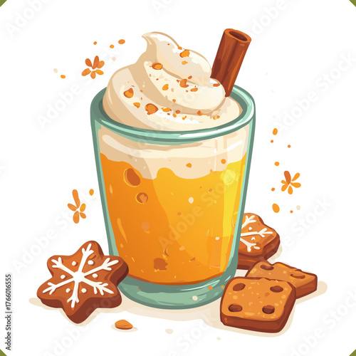 Vector illustration of festive glass of eggnog with whipped cream, cinnamon stick and gingerbread cookies isolated on a white background. Vector illustration of winter beverage on white background