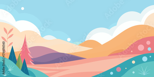 Vector art of a whimsical and colorful landscape illustration with rolling hills, stylized trees, and fluffy clouds under a bright blue sky, evoking a sense of fantasy and wonder