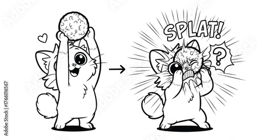 Vector art of cute cartoon cat character with a ball, showing a happy and surprised reaction