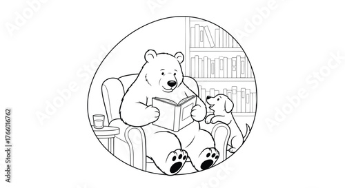 Vector art of bear reading a book in an armchair with a dog nearby, in a library setting