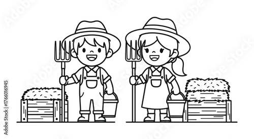 Vector art of two cute cartoon farmers, a boy and a girl, wearing hats and overalls, holding pitchforks and buckets, standing next to hay bales in wooden crates