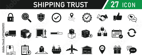 Shipping Fulfillment & Trust icon set. Including Shipping Box, Delivery Truck, Parcel, Tracking ID, Warehouse, Globe, Shield, Checkmark, Clock, Gift. Vector silhouette illustration