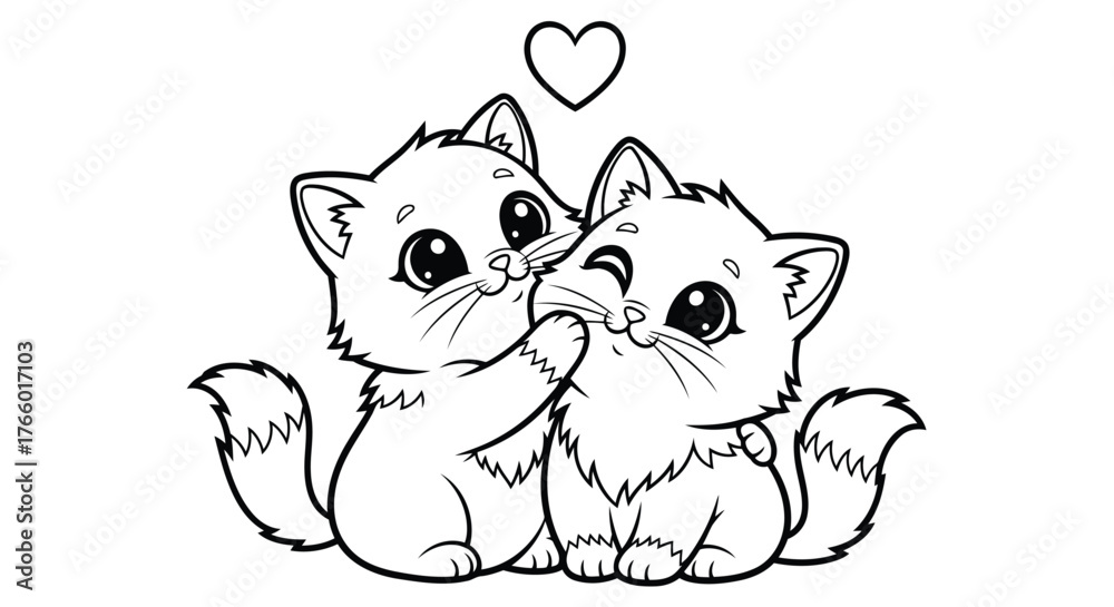 Fototapeta Vector art of cute cartoon cats in love, with a heart above their heads